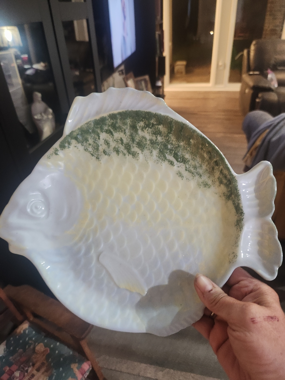 Source Unknown White Ceramic Fish Platter with Green Accent